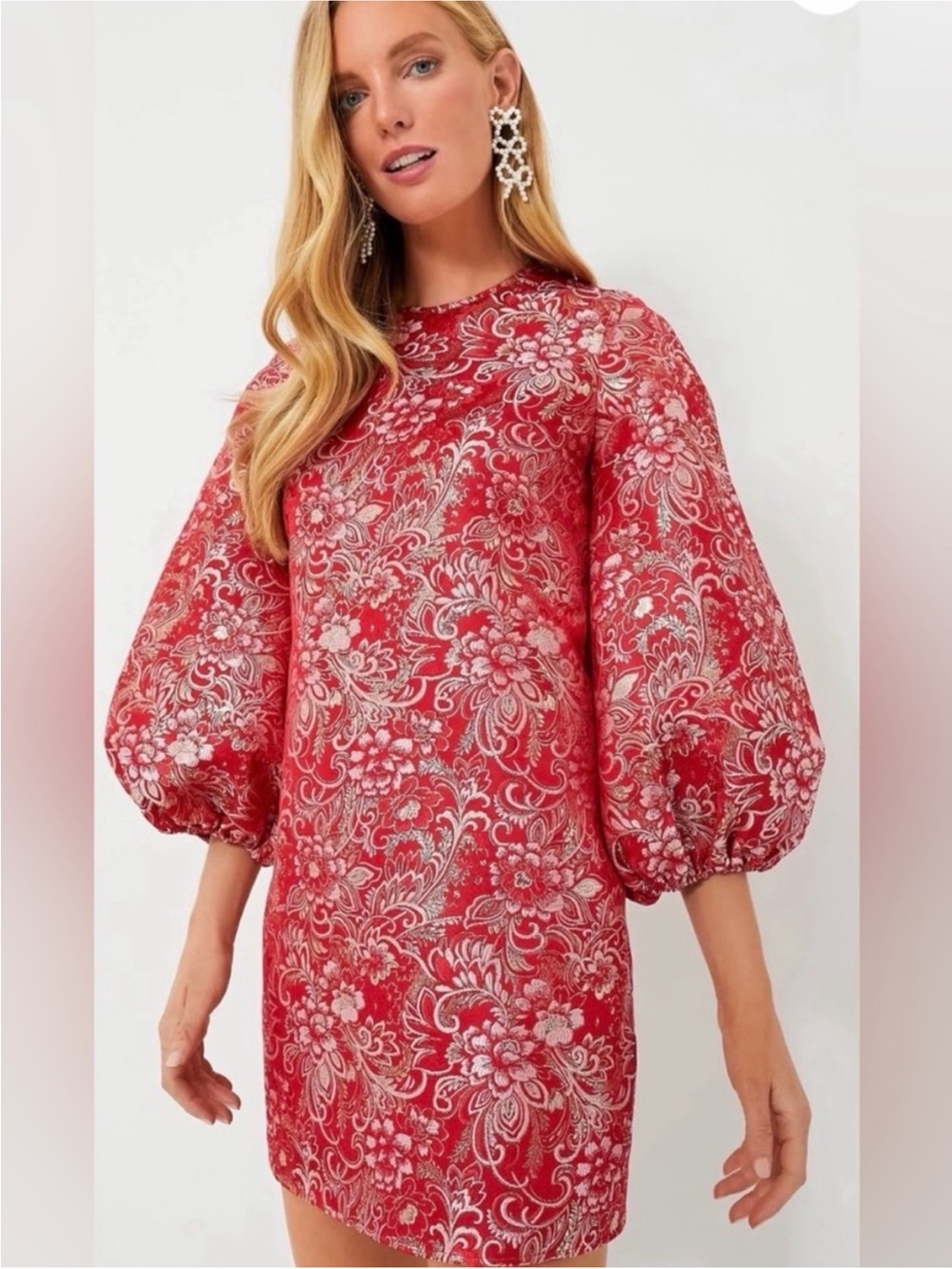 Hyacinth House Tuckernuck Janie Jacquard Mini Dress in Red & Silver